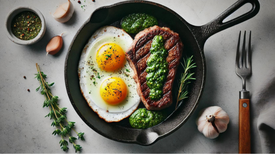 One-Pan Paleo Ribeye Steak and Eggs with Herb Sauce